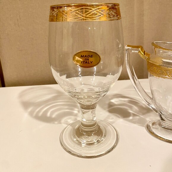 Vintage Wine Goblet & Carafe Set with Gold Leaf Band, Made in Italy, Elegant Déc - Picture 4 of 7